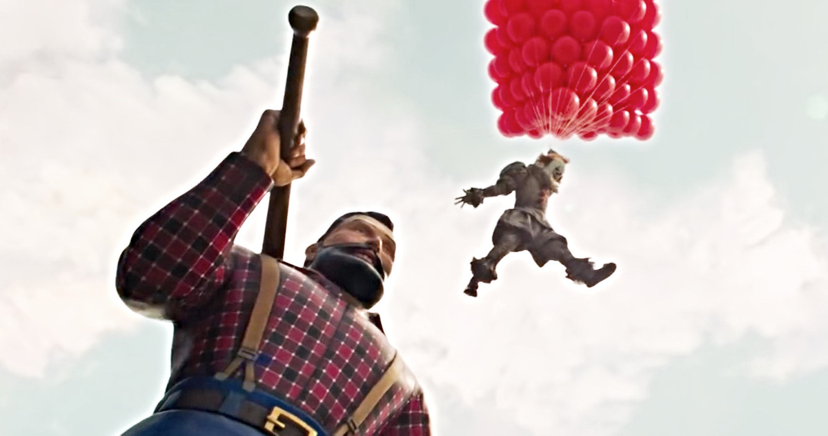 Pennywise floating down from Paul Bunyan’s shoulders using a bunch of red balloons.